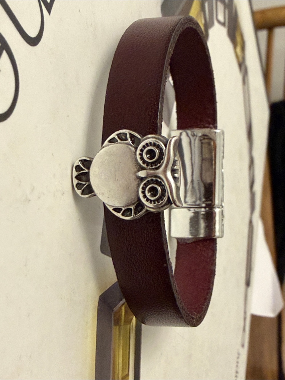 Brown Leather Bracelet with Silver Owl Accent